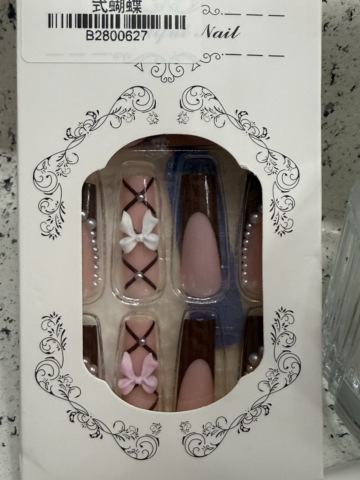 Long Coffin Press-On Nails Set Pink Brown White Bow Theme 3D Pre-Designed