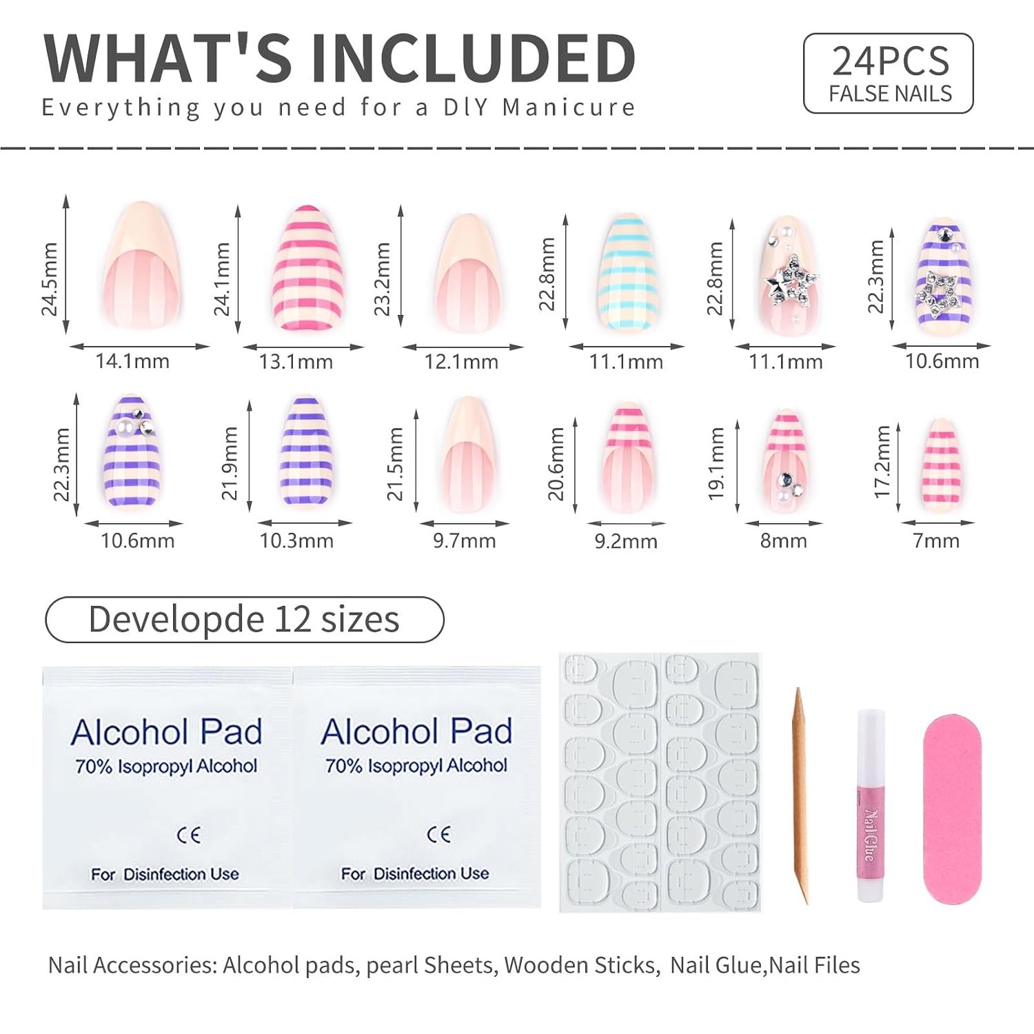 Soft Gel Press on Nails Medium Almond Colorful Stripe Design with 3D Star & Pear
