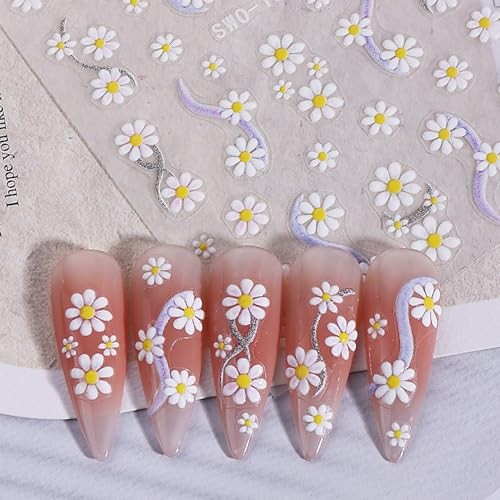 Flower Nail Stickers 3D Self-Adhesive Colorful Floral Nail Art White Daisy