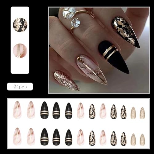 Black Press on Nails Medium Almond Fake Nails with Gold Foil Design style16