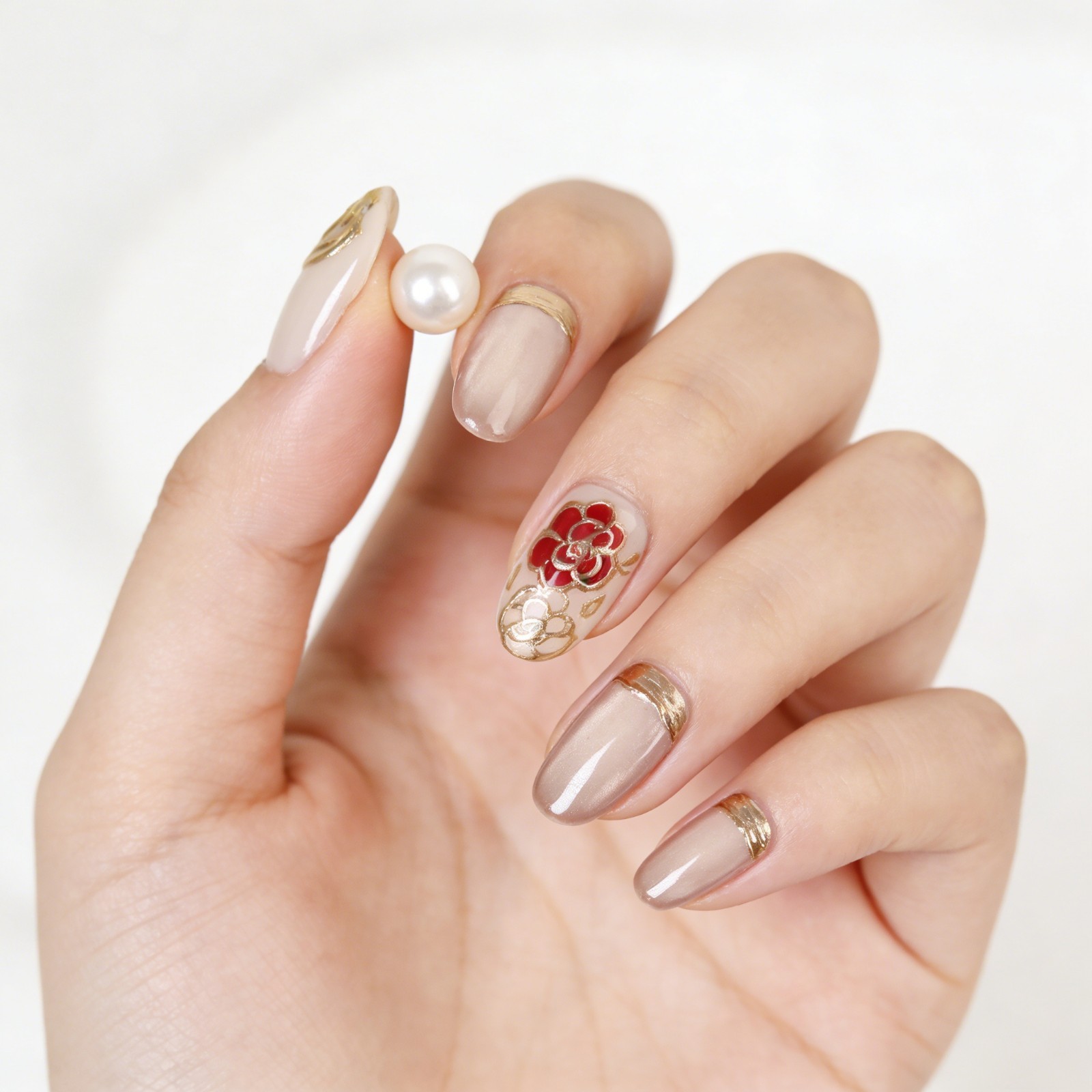 Nude Pink Floral Press On Nails Oval Gold Foil Handmade Elegant Set Gift For Her