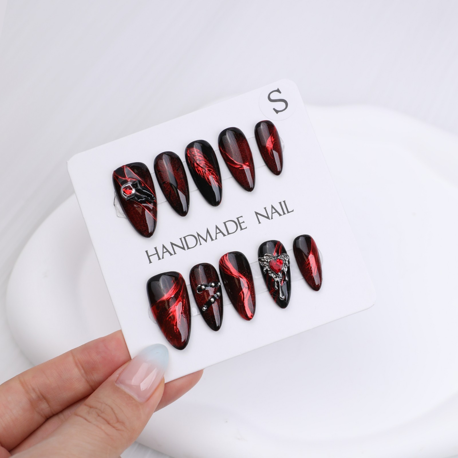 Press On Nails Medium Almond Black Red Cat Eye Rhinestone Gothic Halloween Nails