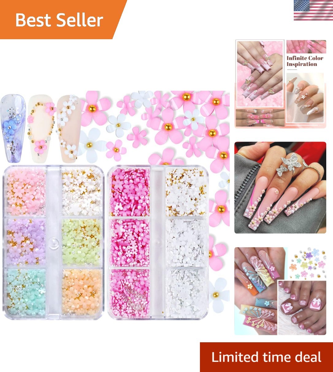 Chic 3D Flower Nail Art Decorations – 2 Boxes of Acrylic Gems for DIY Creations