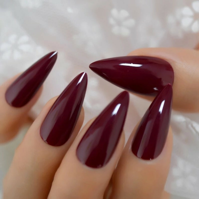 Vampy Long Dark Red Stiletto Press On Nails Glossy goth wine burgundy witchy