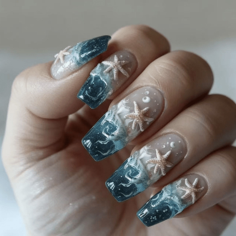 48Pcs Long Trapezoid Nails, Blue Green Gradient, Wave Starfish Decor