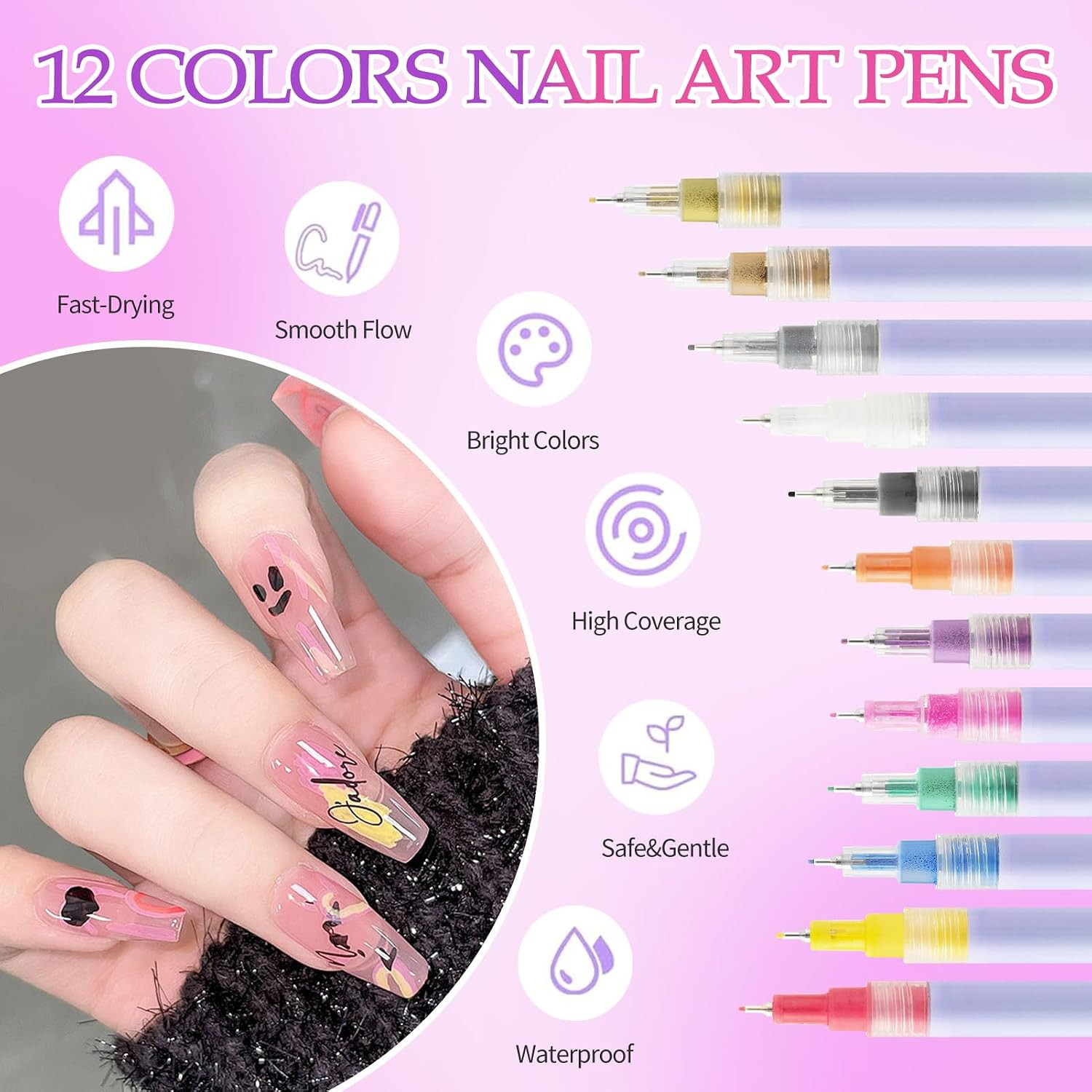 Nail Art Marker, 12-Colors Nail Art Pens Set, 0.5MM Fine Line Nail Polish Pens f