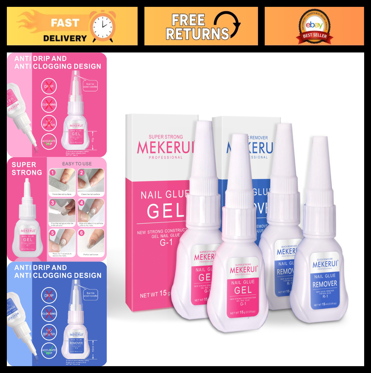 Super Strong Nail Glue Gel & Quick Remover Set – Long-lasting 30+ Days, No UV Li