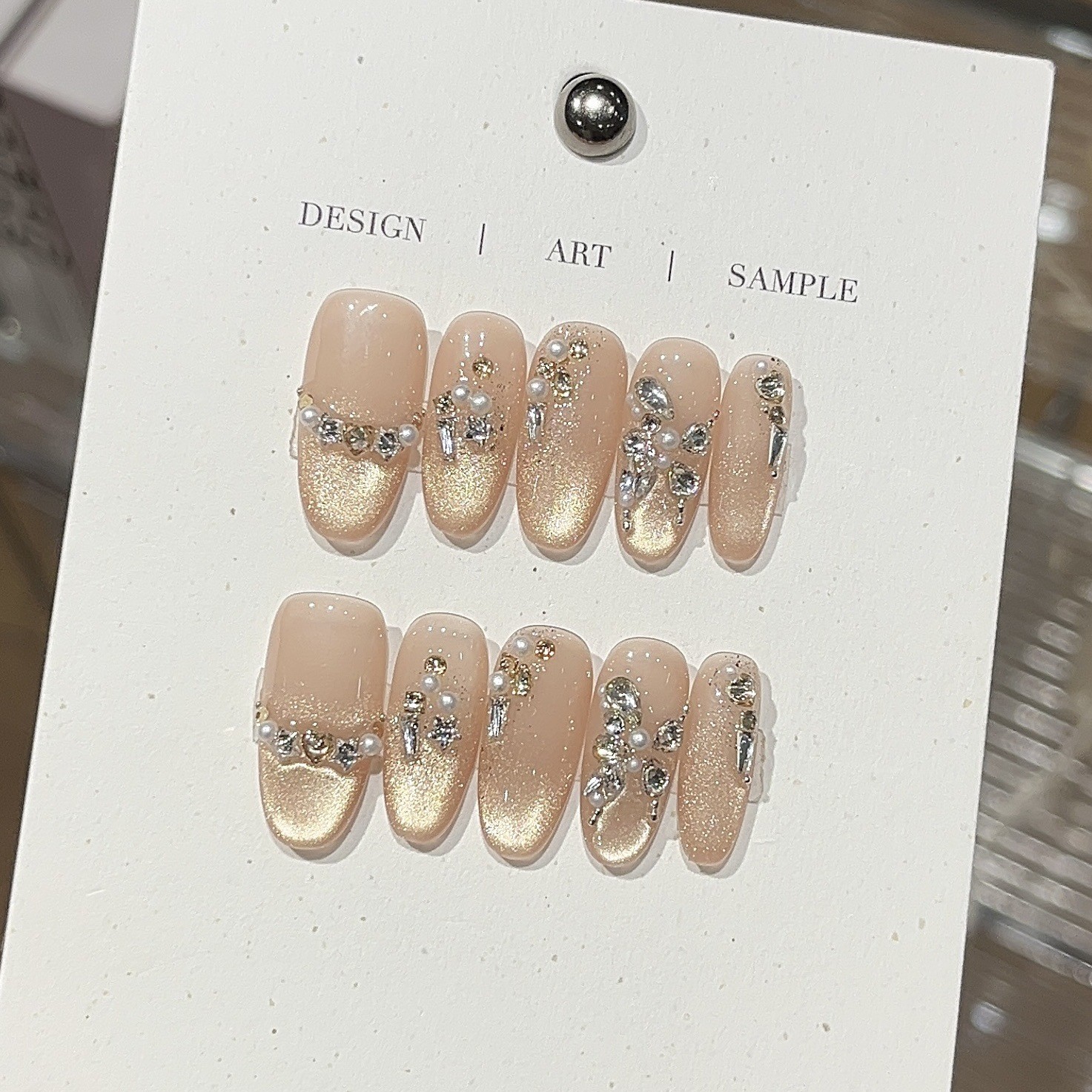 10Pcs Handmade Gold Cat Eye Nails Butterfly Rhinestone Luxury Party