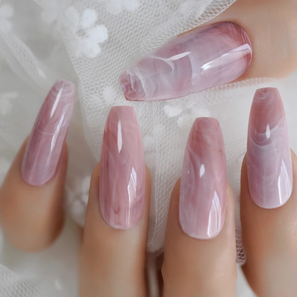 24 Press on Nails kit w Glue extra long Coffin Pink quartz marble mauve