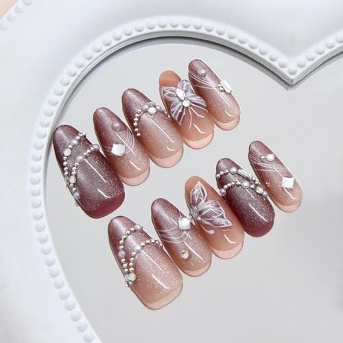 White Butterfly Press on Nails Medium Almond White Butterfly Rhinestone style 4