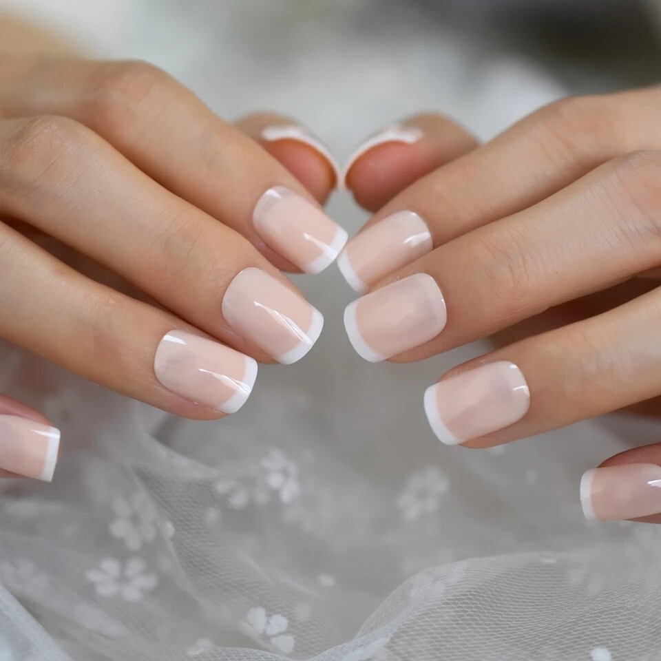 24 Short French mani White tip Press on nails set with glue fun baby boomer natu