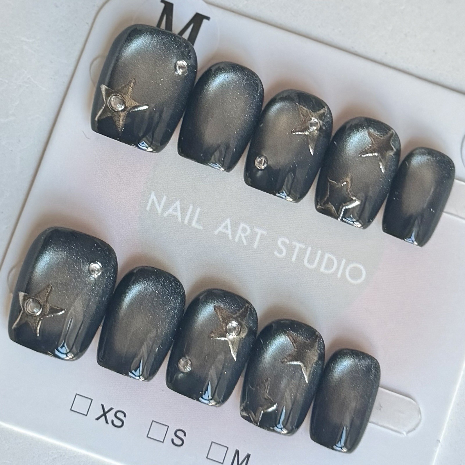 Handmade Black Star Y2K Press-On Nails Short Square Size M Reusable Fake Nails