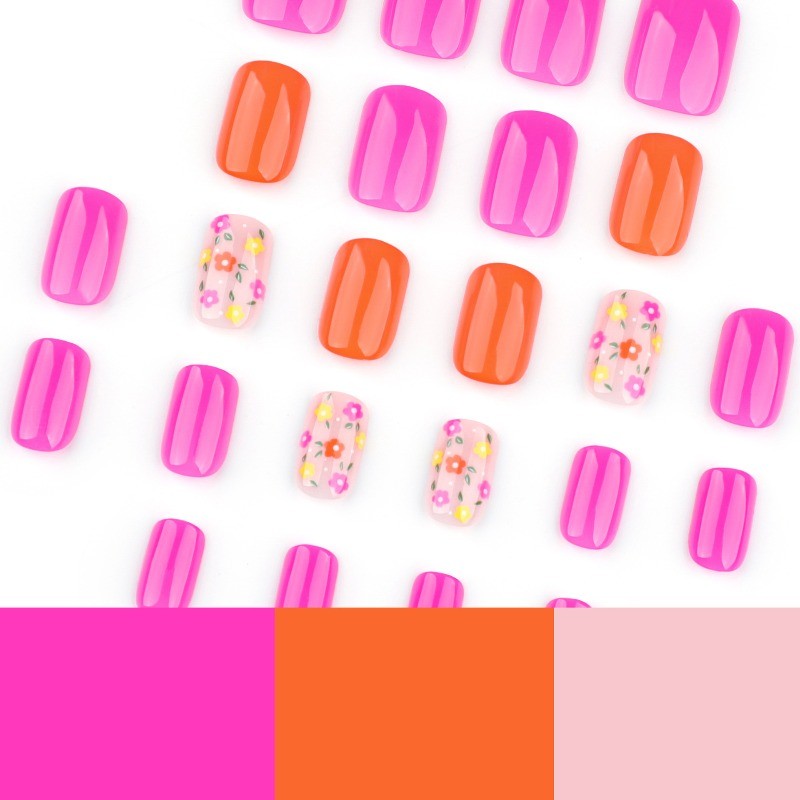 48pcs-Summer Floral Press on Nails, Short Round Glossy Pink Orange Fake Nails