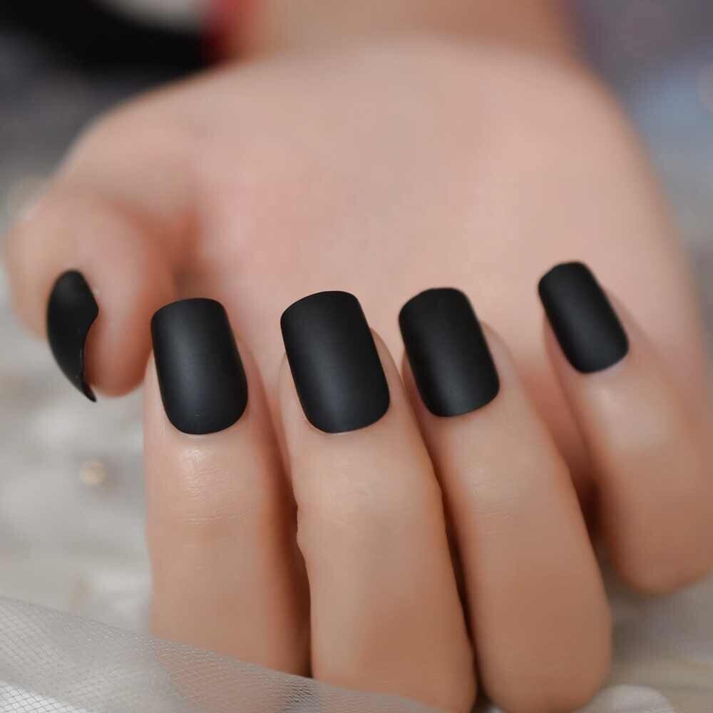 Matte Black Medium Square Press On Nails – Glue On False Set – 24 pcs Kit