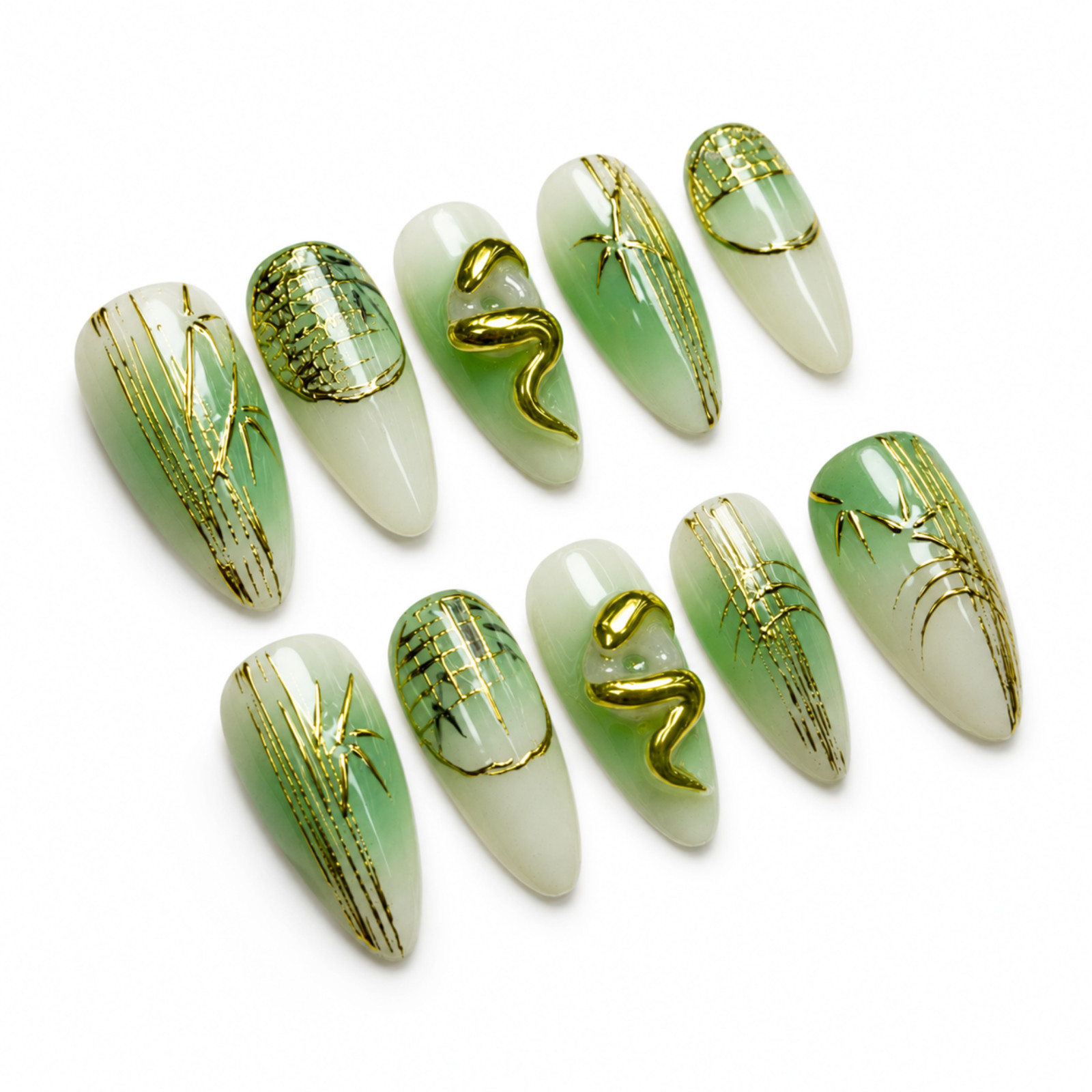 Handmade Green Gold 3D Press On Nails Long Almond Bamboo Art