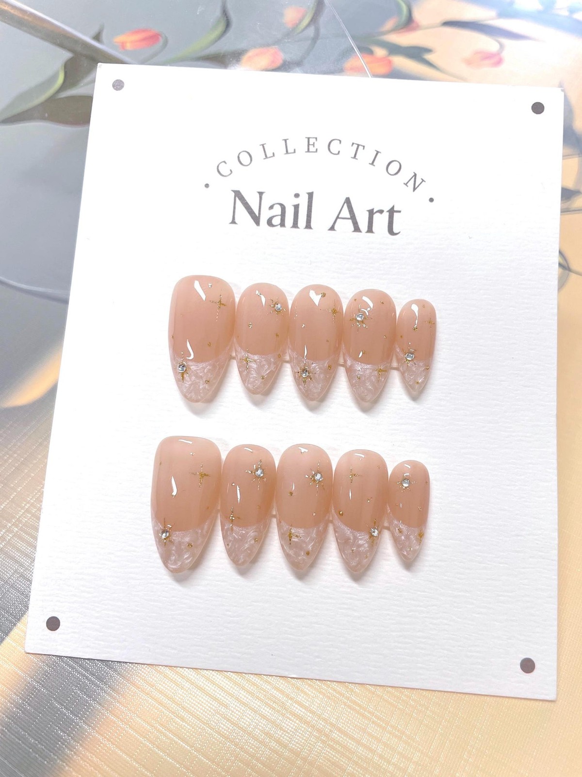 Handmade Nude Gold Foil Star Rhinestone Medium Almond Press on Nails Set