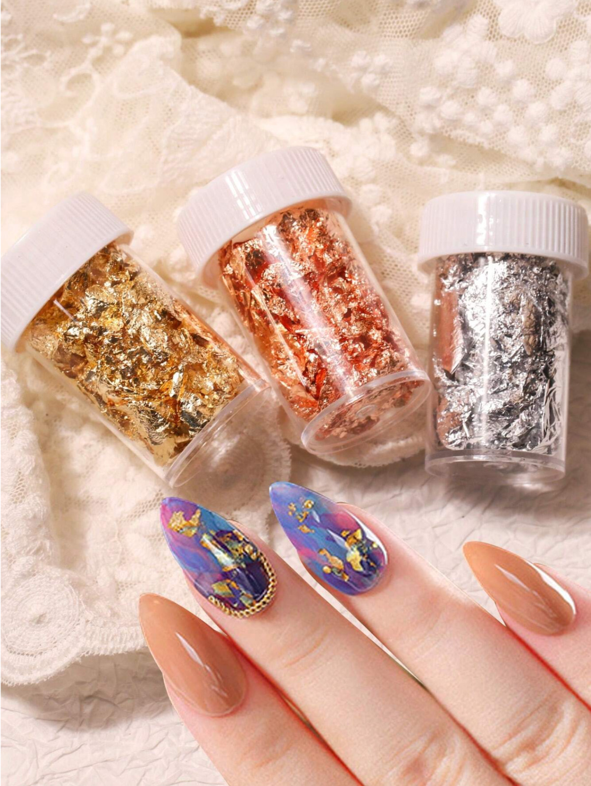 3 boxes Gold, Silver and Rose Gold Foil Nail Art Decoration