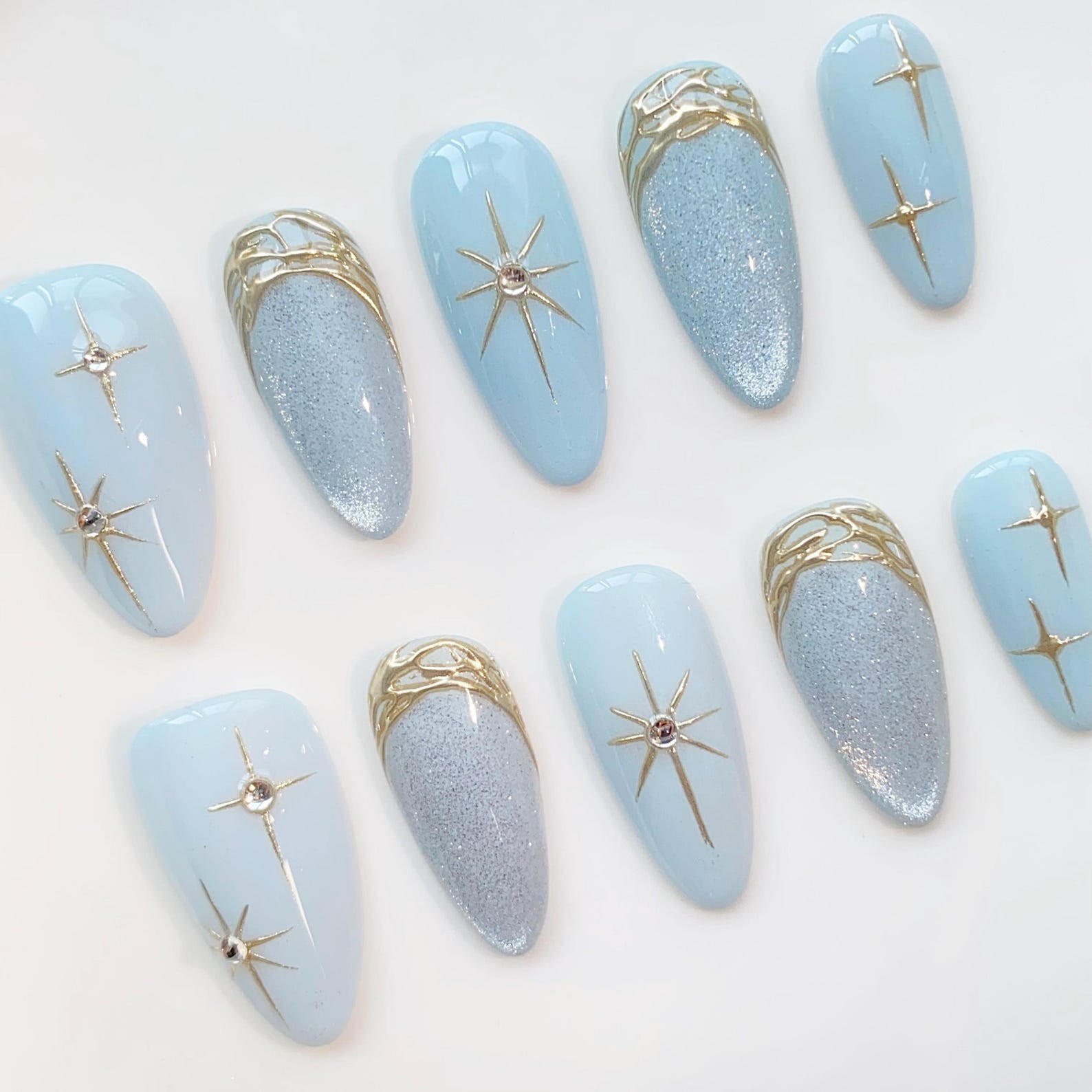 Handmade Light Blue Star Rhinestone Gold Glitter Medium Almond Press on Nails
