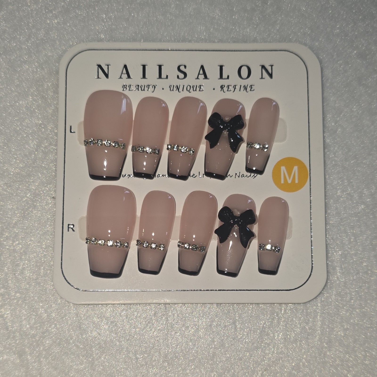 NAILSALON Medium Coffin Pink Black Silver Shiny Full Cover Bow PressOn Nails #46