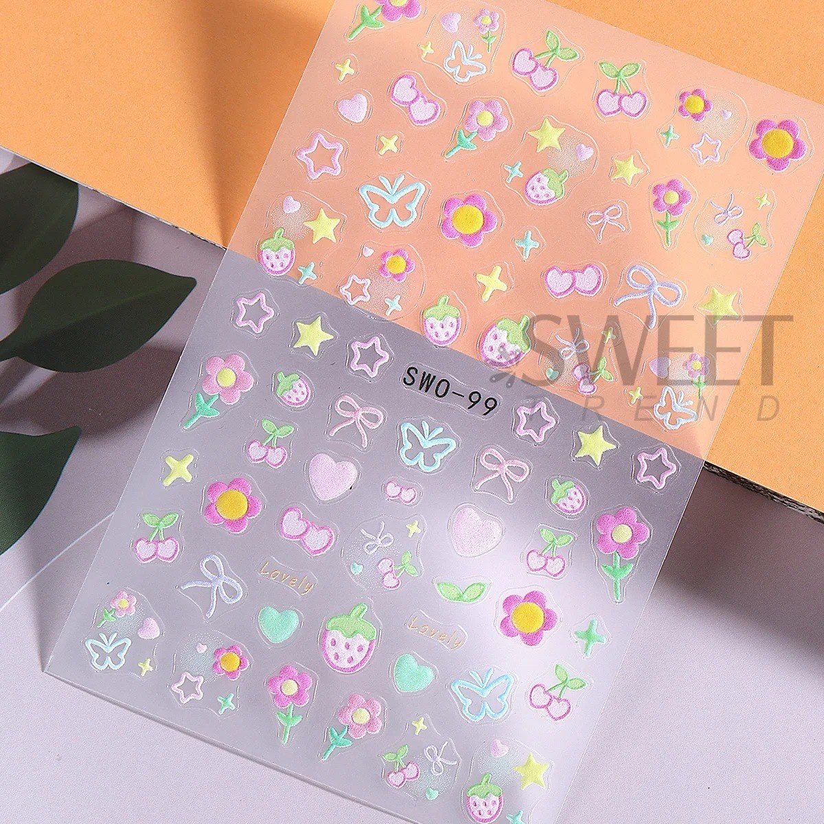 2PCS Sweet Element Nail Art Stickers Simple Flower Heart Cherry Strawberry Kawai