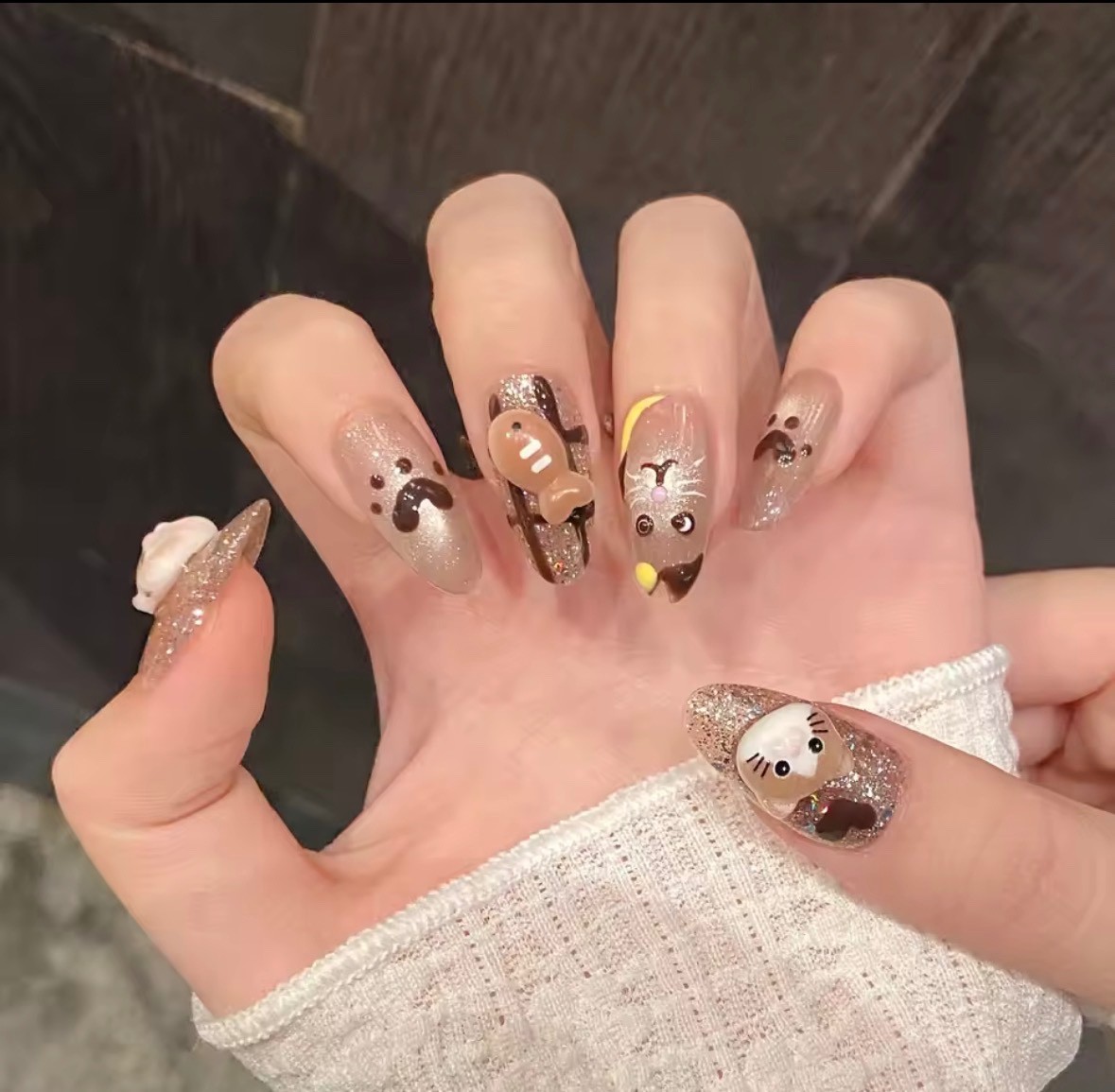 10PCS Handmade Cute Cat Fish Press On Nails Cat Eye Kawaii Full Cover Reusable