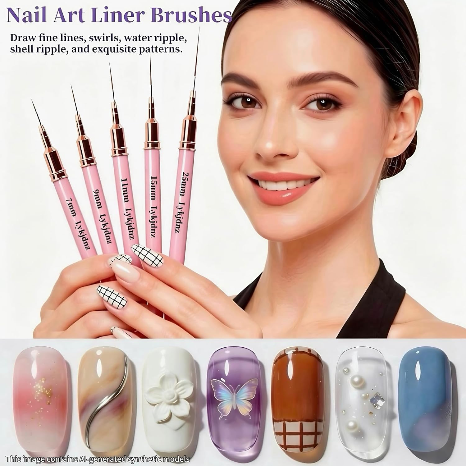 9Pcs Nail Art Brushes Set, 5 Pink Art Liners & 4 Multi-Shape Gel Brushes | Sizes