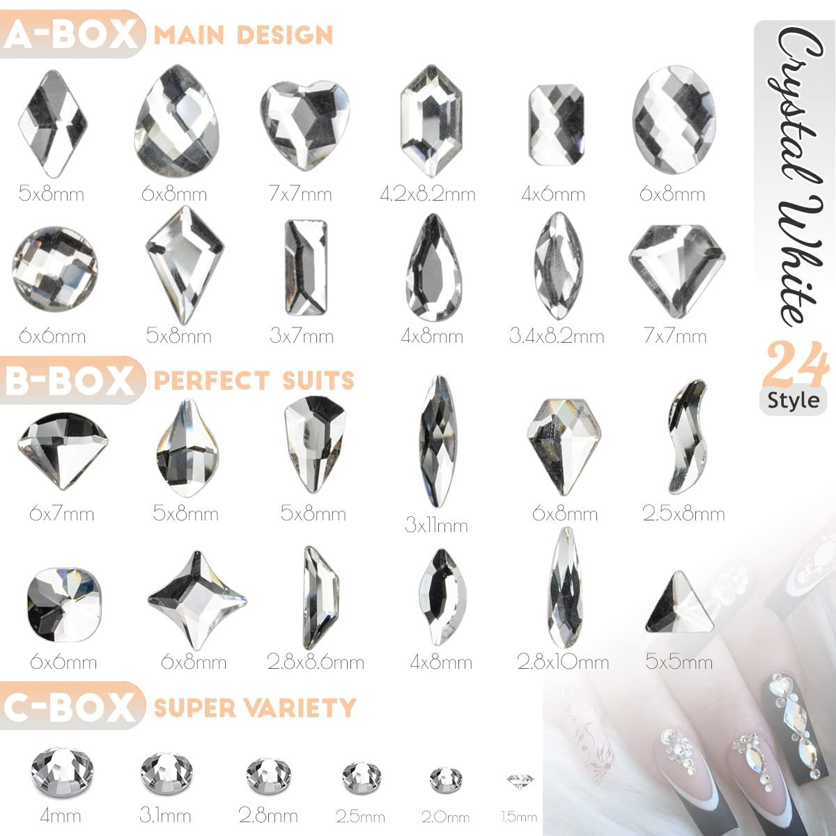 Qiipii 3 Boxes Silver Clear Nail Rhinestones 240 Multi-Shapes Crystal White Big
