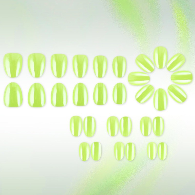 64pcs-Bright Yellow Green Press on Nails, Short Oval Neon Solid False Nails