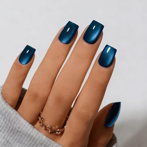 Cat Eye Press On Nails Short, 30 Pcs Glitter Black Baby Blue black sapphire