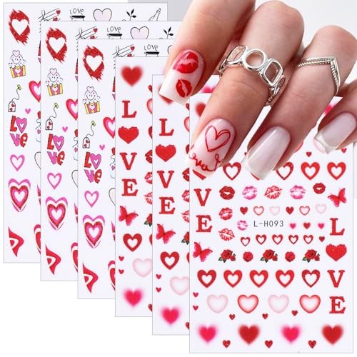 6 Sheets Red Heart Nail Stickers for Nail Art Valentines Nail Art Stickers 3D