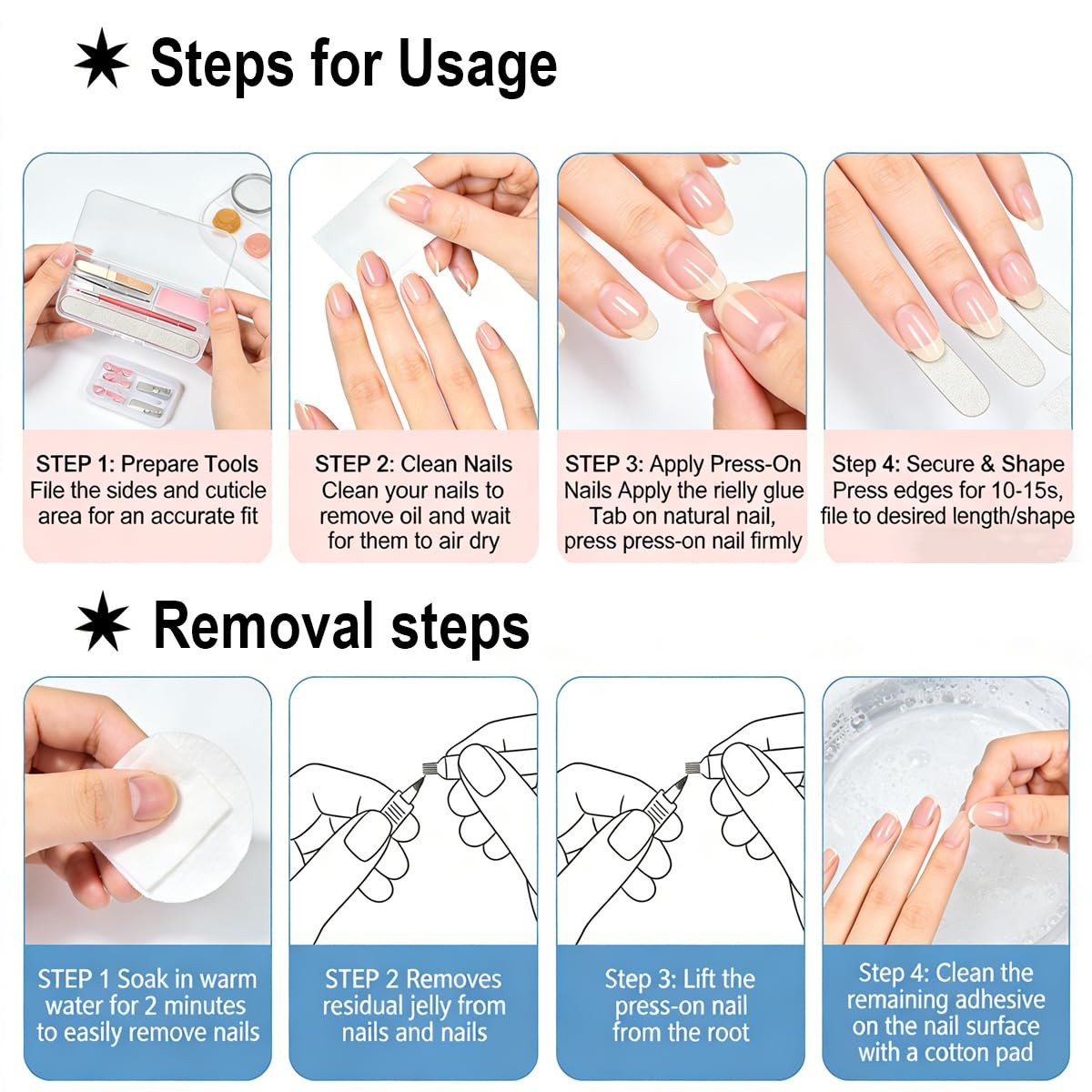 Mermaid Press on Nails for – Ocean French Tip with Gold Stars & 3D Waves, No …