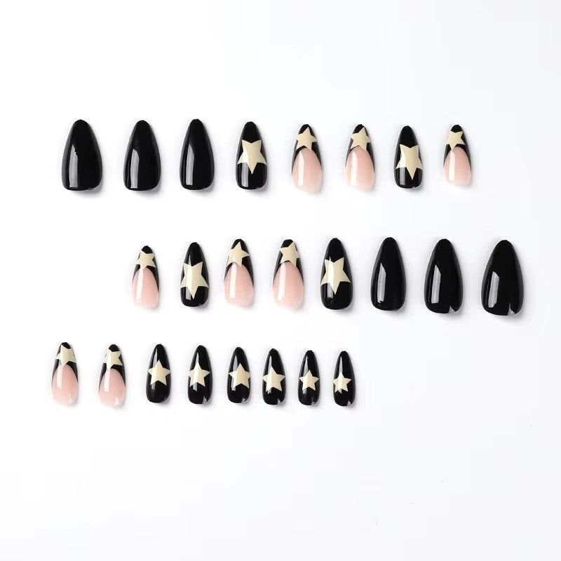 Cool 24 PCs Long French Black Edge Star Nails with 1 Jelly Gel and 1 Nail File