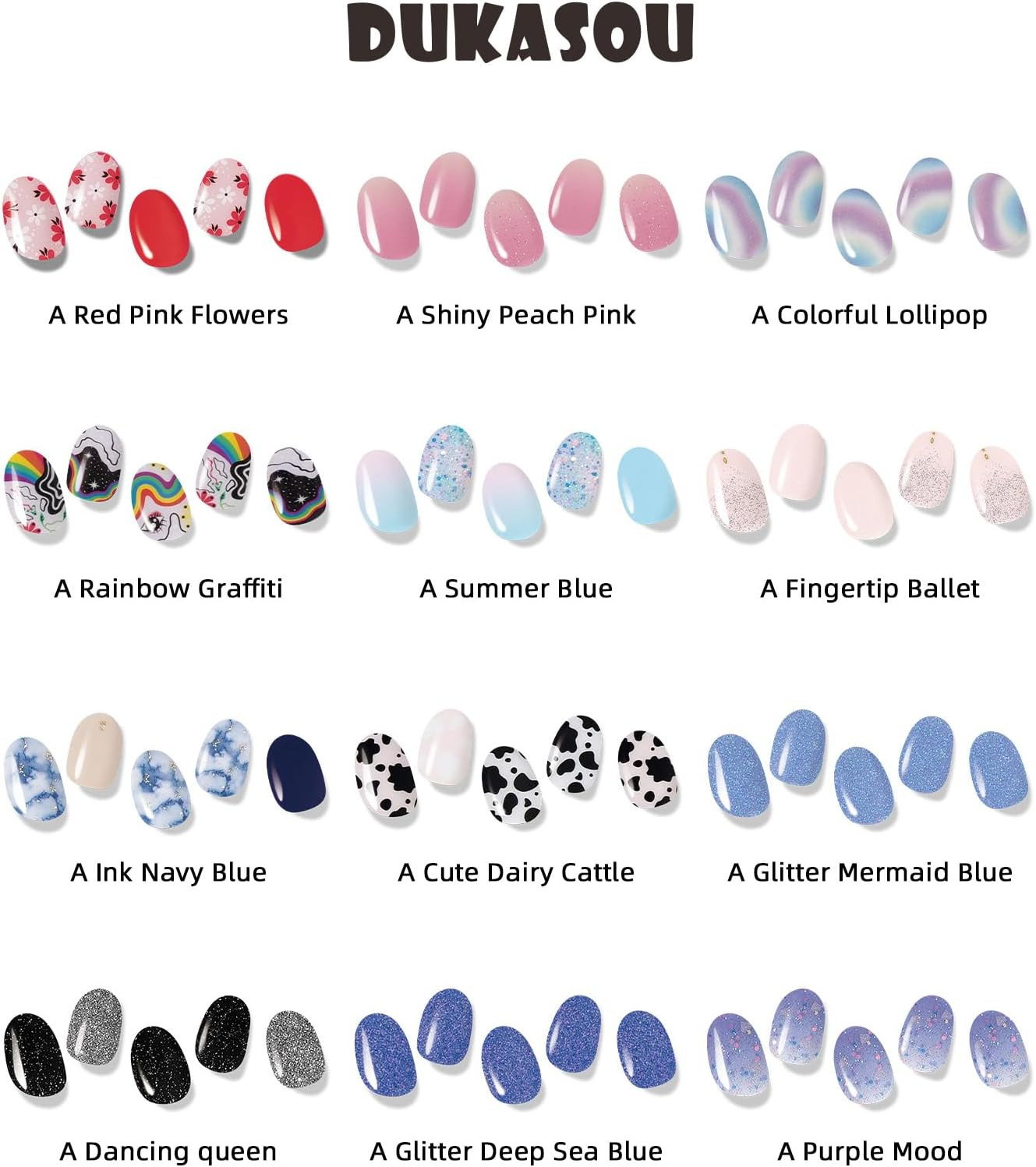 Semi Cured Gel Nail Strips, Red Pink Flowers, 28Pcs Gel Nail Stickers