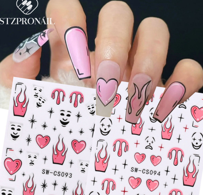Clown Nail Stickers 3D Halloween Candle Stars Comic Heart Flame Graffiti NS52