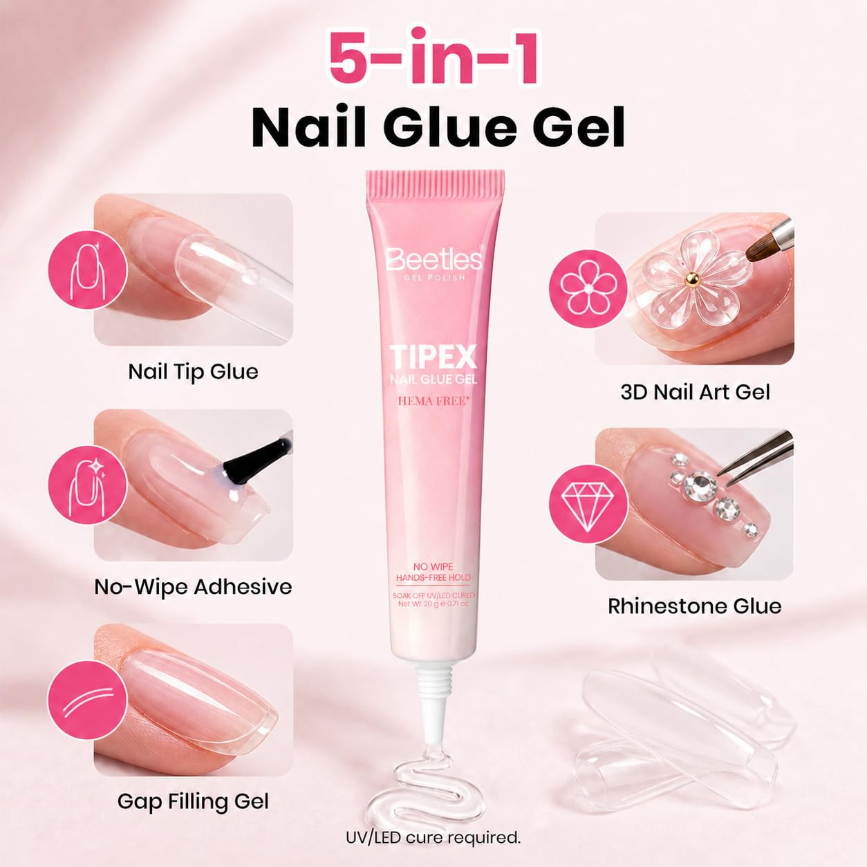 Beetles Nail Glue Gel 2Pcs 20G, No Wipe Tipex Instant Apex Nail Tips Glue | Hema
