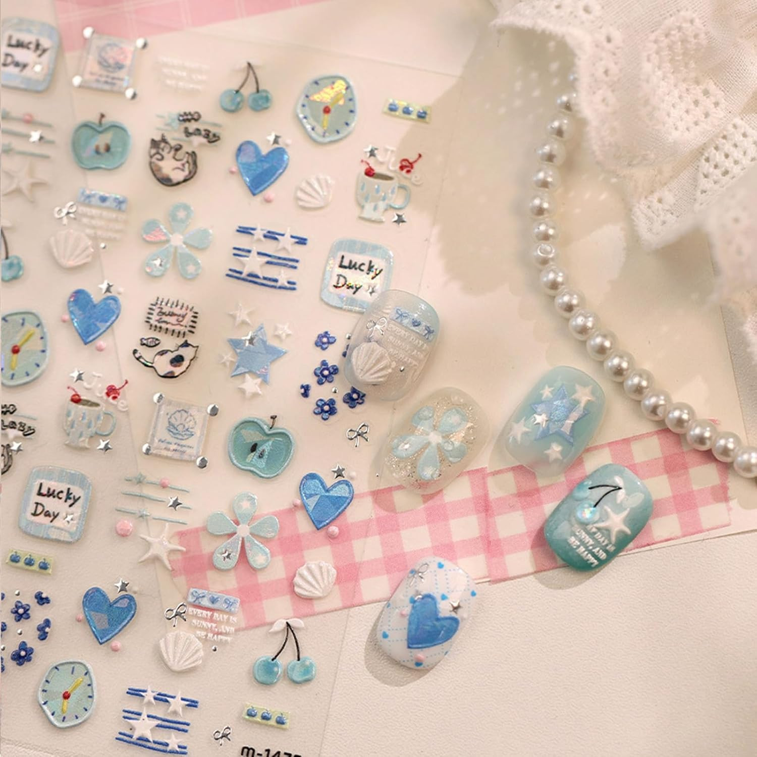 Blue Nail Art Stickers Heart Clock Nail Decals Summer Nail Stickers 1Sheets | Cu