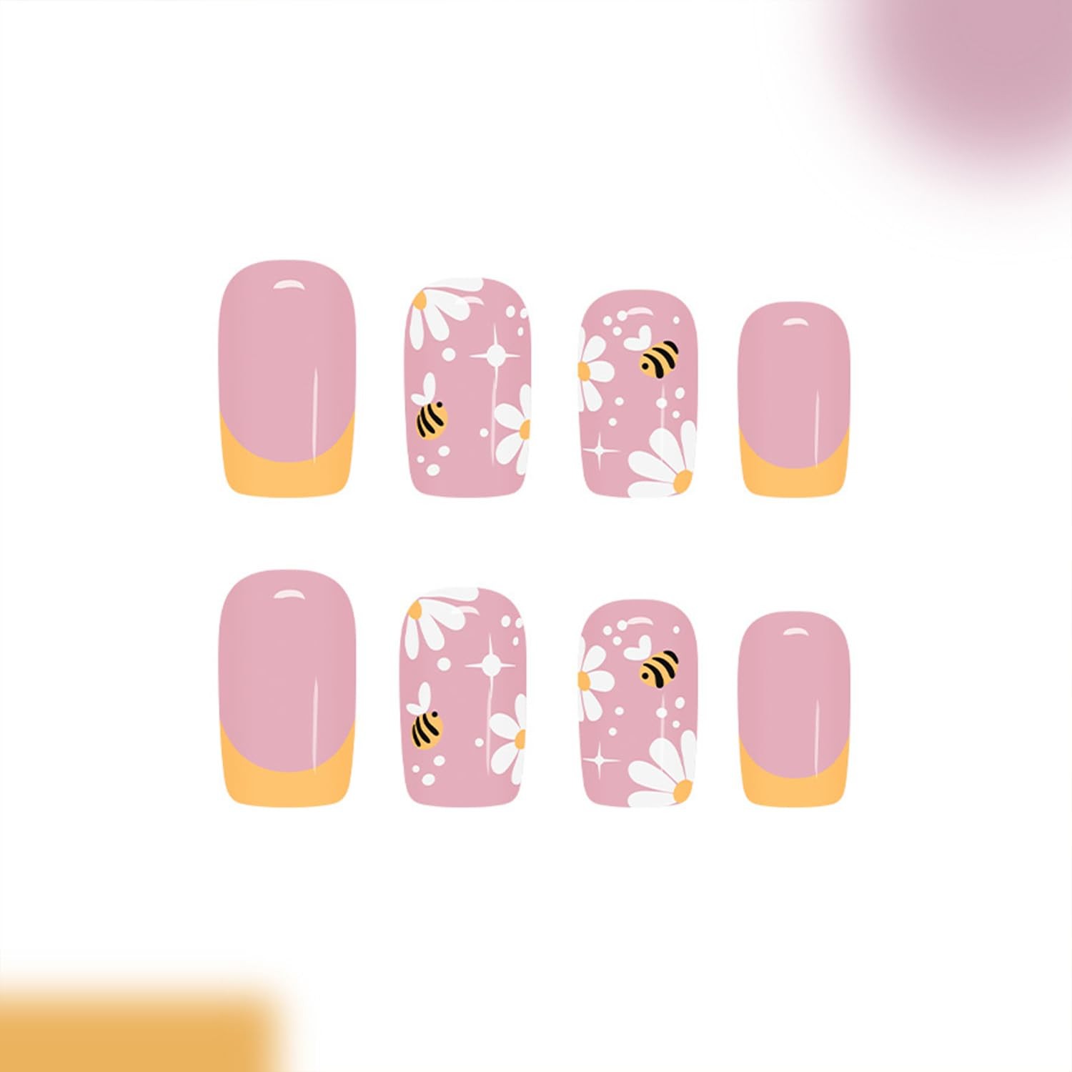 Flower Press on Nails Medium Square Spring Fake Nails with Daisy Bees French …