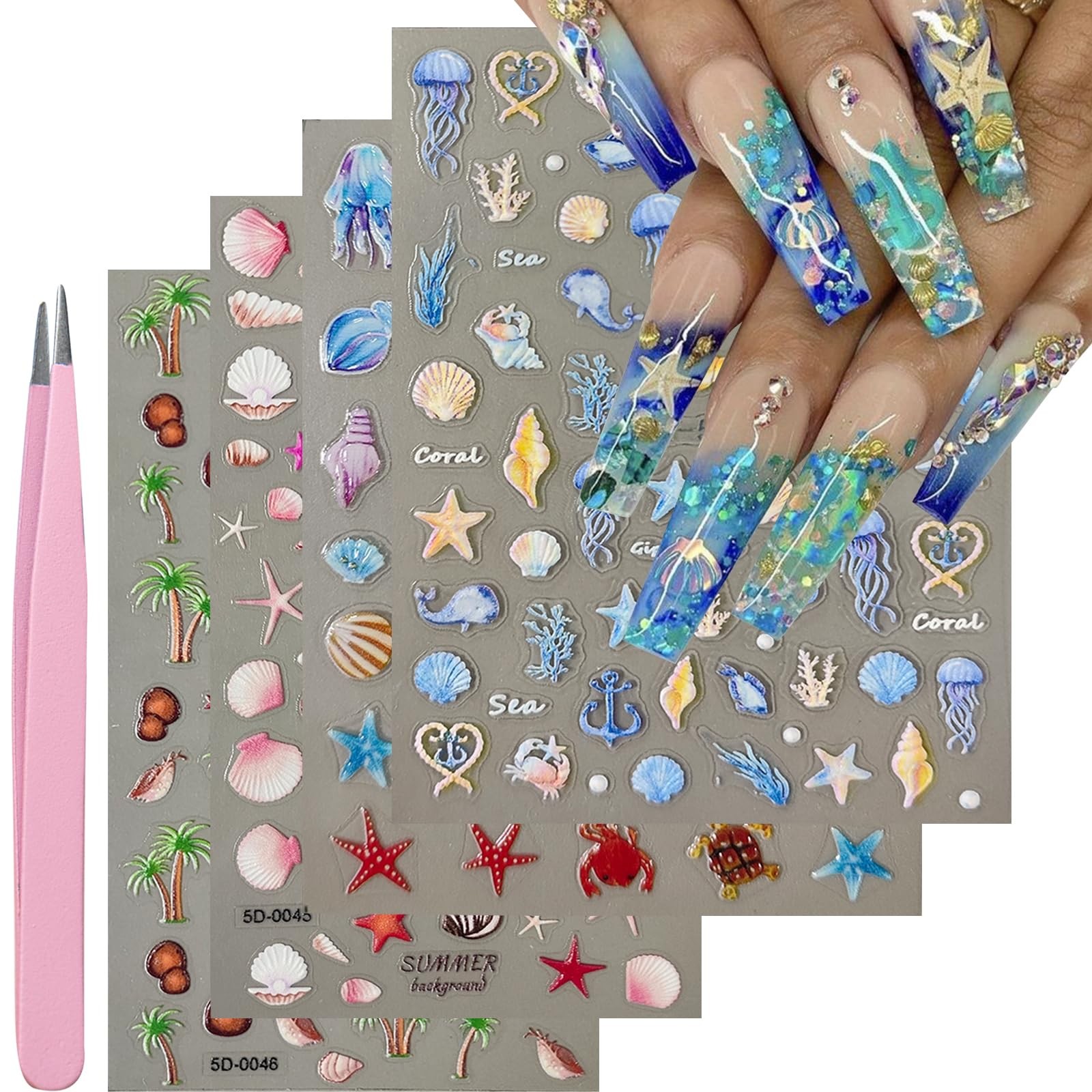 Beach Nail Art Stickers Decals 5D Shell Nail Decals Self Adhesive Spring Summ…