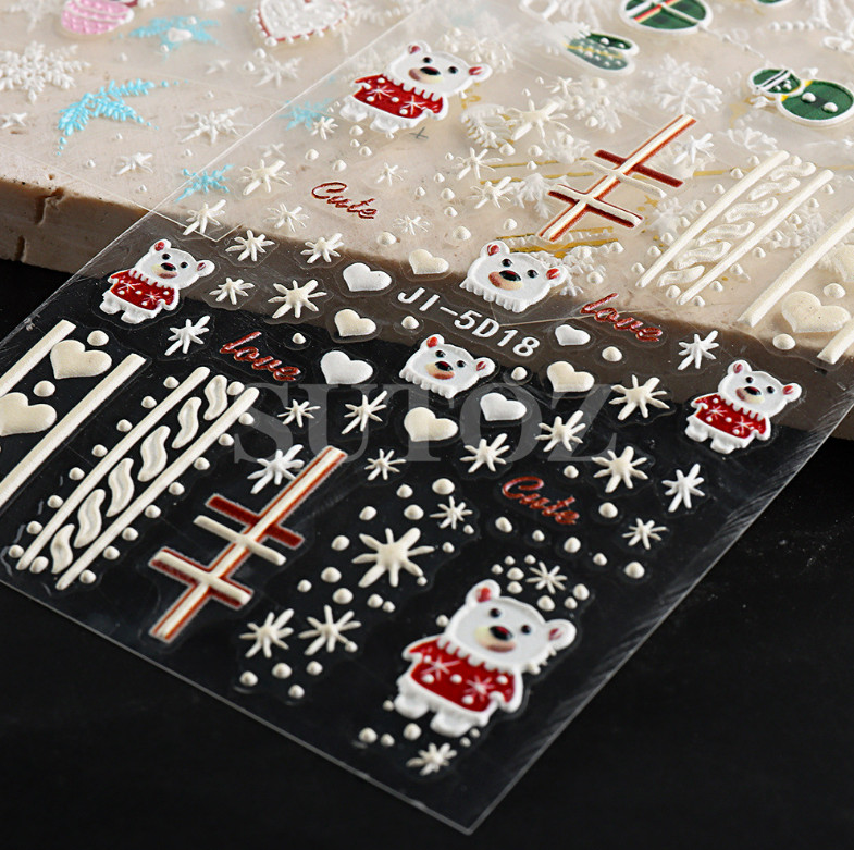 Christmas New Year 5D Embossed White Snowflake Bear Nail Art Stickers Decals
