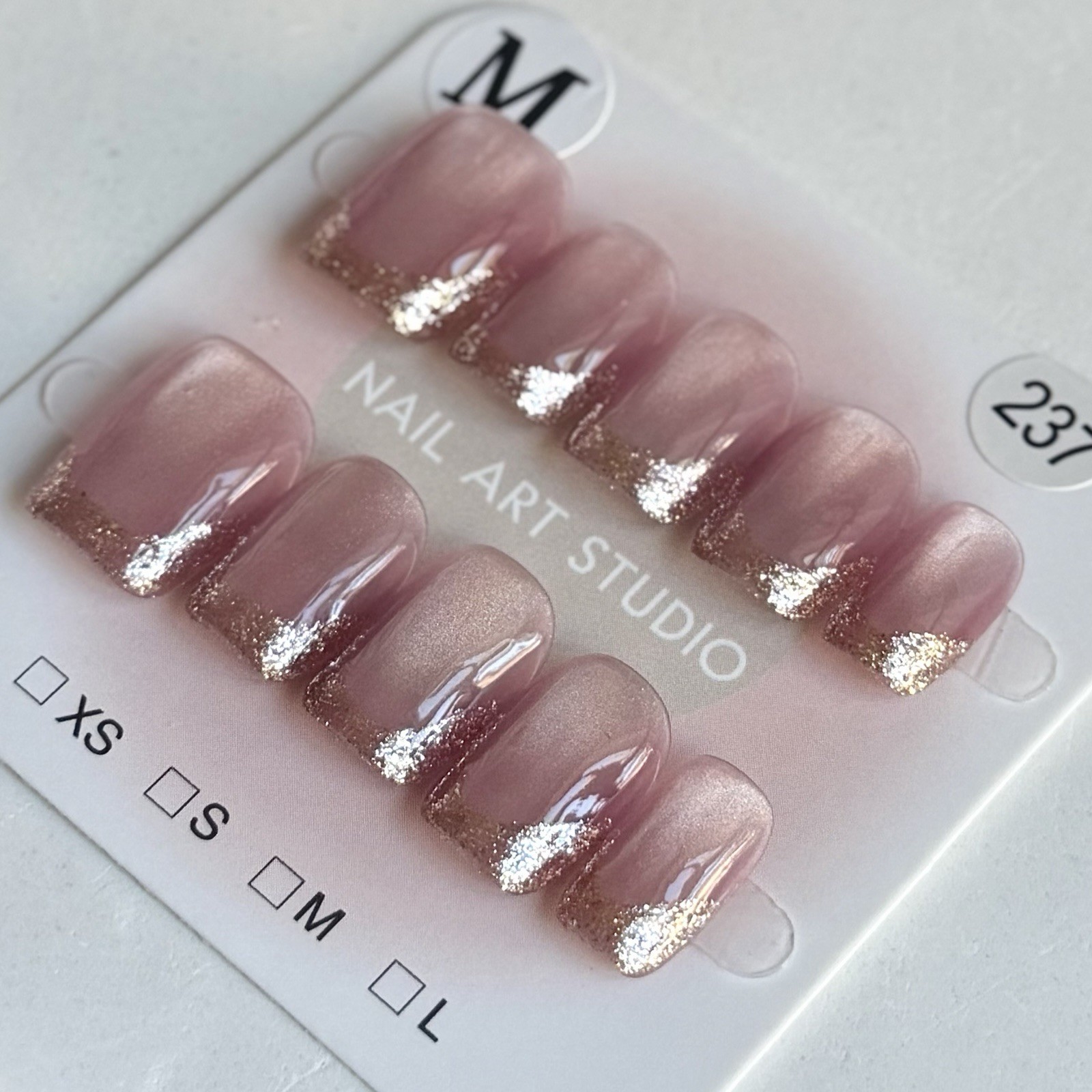 Handmade Gold French Tip Press-On Nails Short Square Size M Reusable Fake Nails
