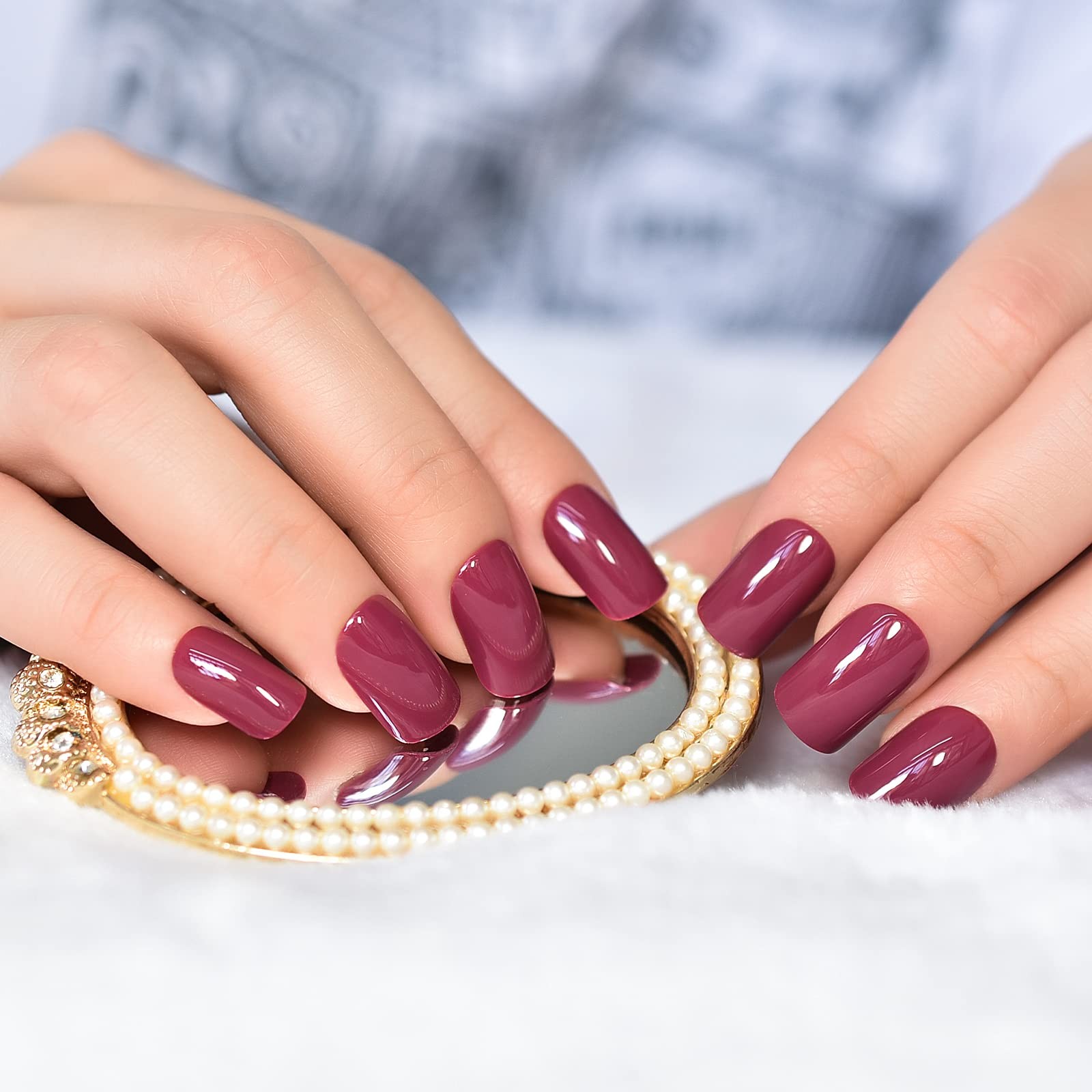 Glossy Finished Dark Rose Pink Press On Nails Medium Length Squoval Girls Nai…