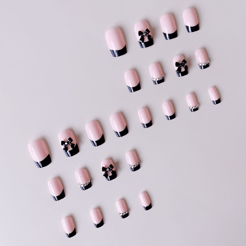 48Pcs-Short Square Nude Black French 3D Bow Silver Bead Press on Nails Set