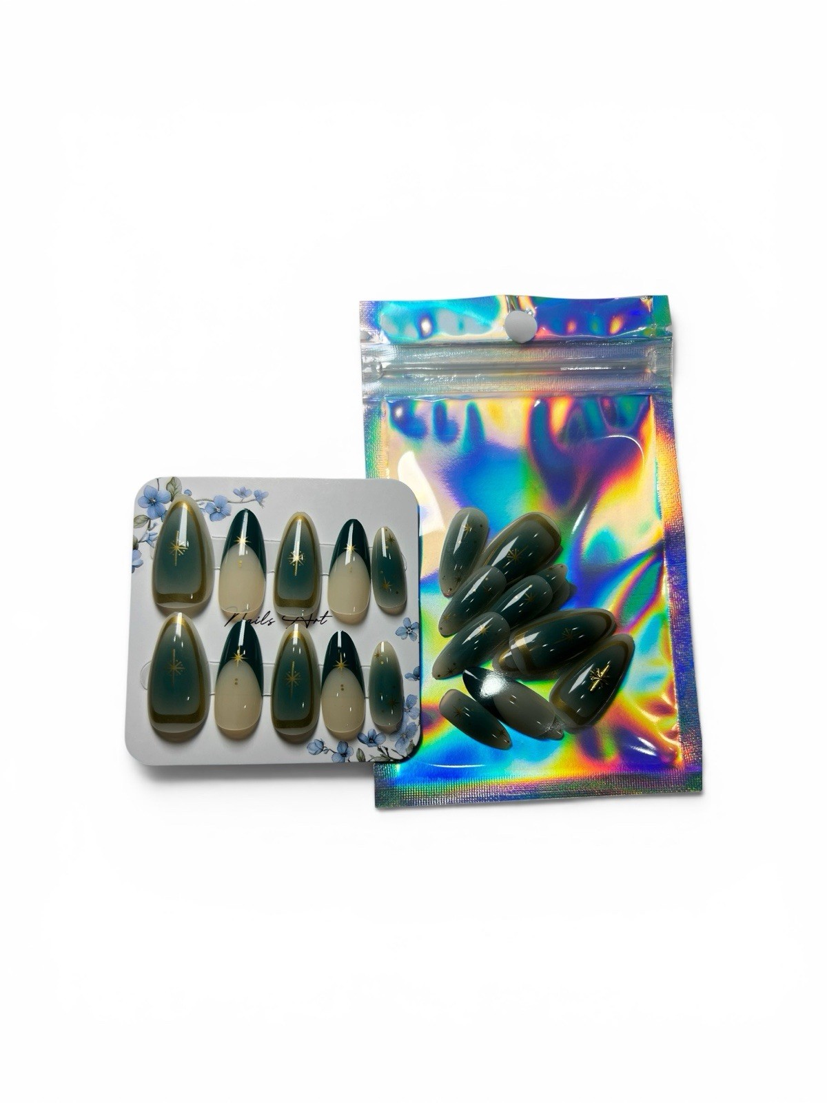 24 pc Green & nude ombre meduim length press on nails with gold stars