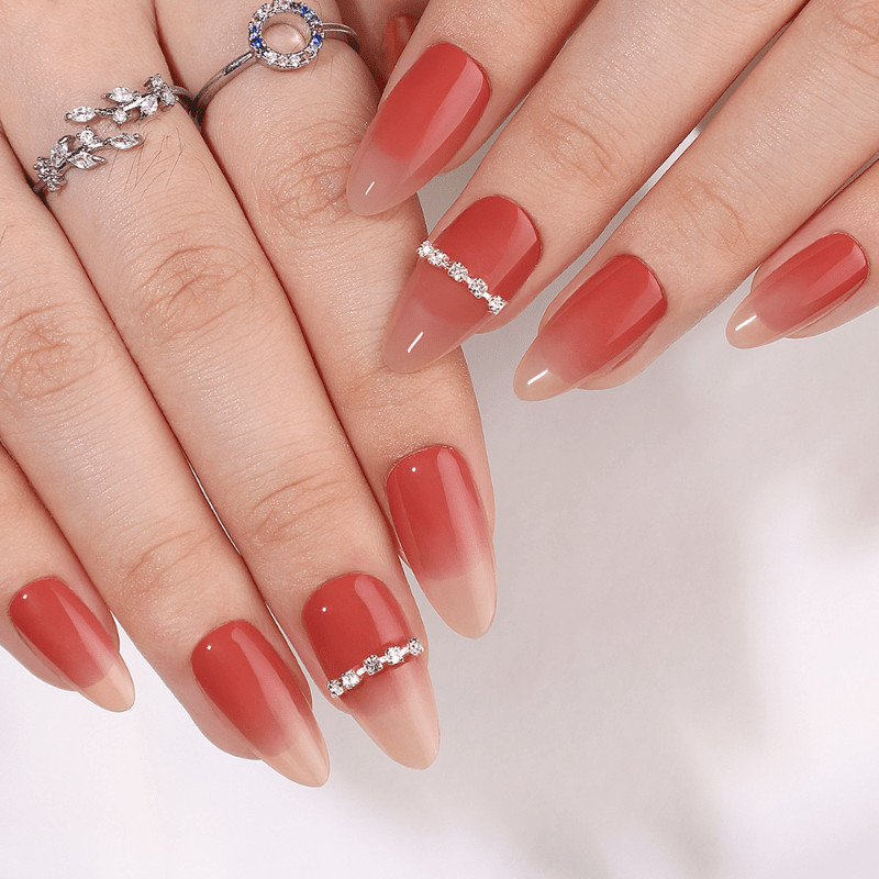 60Pcs Peach Gradient Rhinestone Almond Press on Nails, Elegant Nude Fake Nails