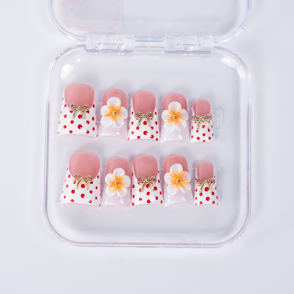 10pcs Handmade Nails, Yellow White Ombre w/ 3D Flowers, Red Polka Dot, Chic