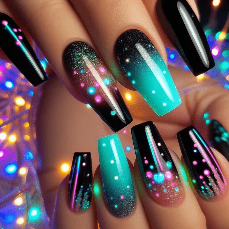 48Pcs-Long Taper Coffin Galaxy Gradient Bright Pink Blue Dot Press on Nails