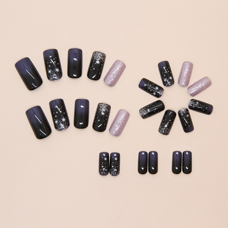 24Pcs Medium Blue Gradient False Nail Starlit Full Cover for Women Girls