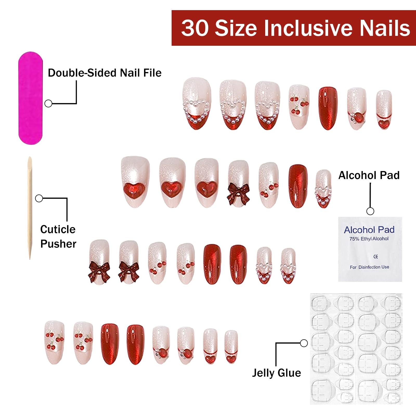 Valentines Press on Nails Medium Almond Fake Nails French Tip False Nails wit…