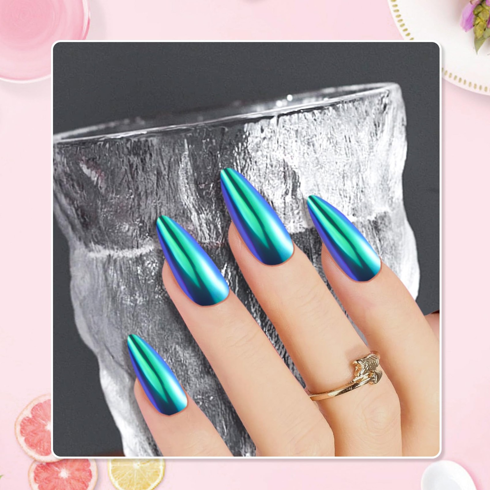Chrome Nail Powder Kit – 2 Jar Mirror Effect Metallic Holographic Aurora Merm…