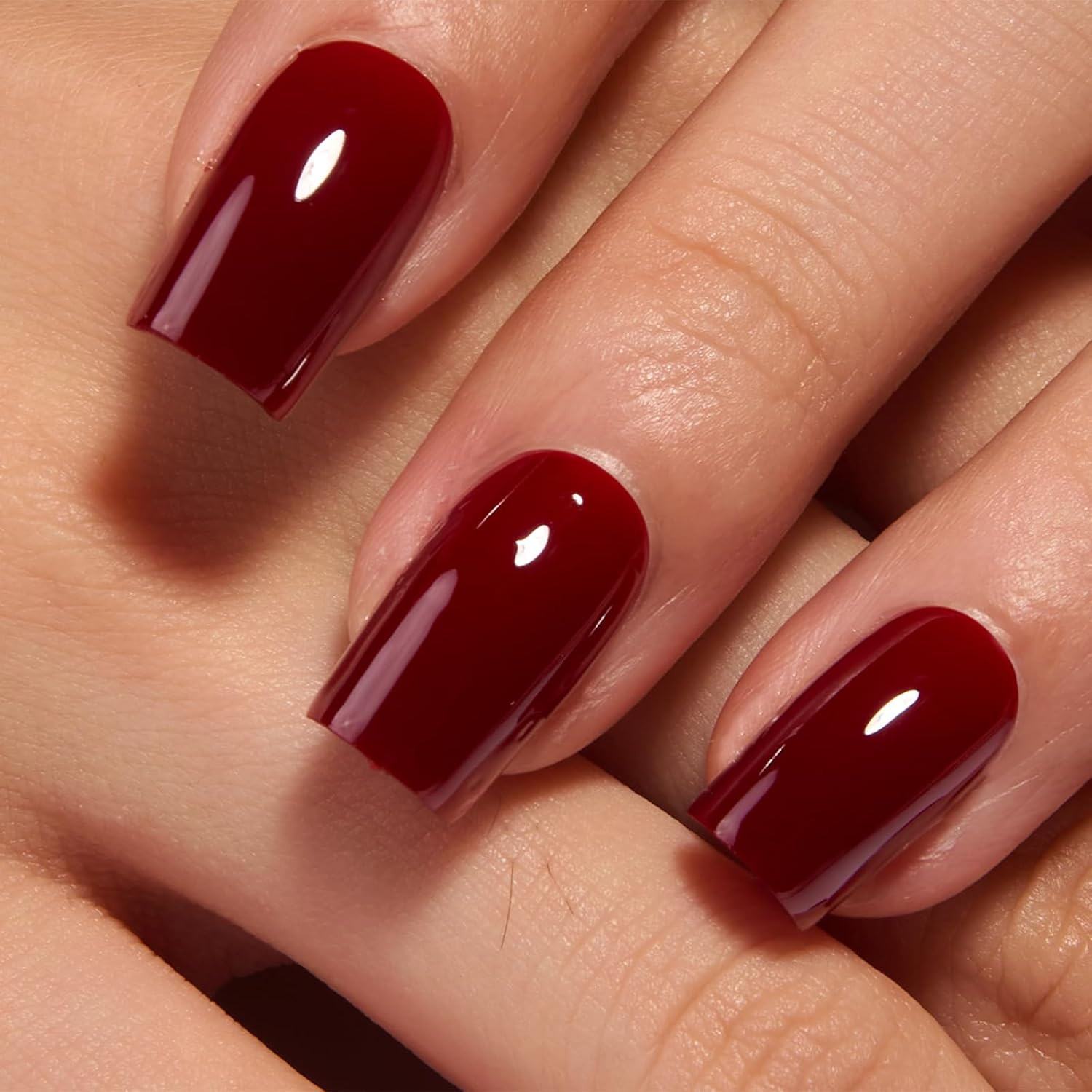 Soft Gel Square Press on Nails, Medium Deep Red Christmas Design Acrylic Stick o